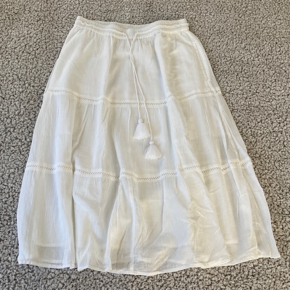 Talbots Petite Cotton White A-Line Midi Skirt with Tassel Accents
